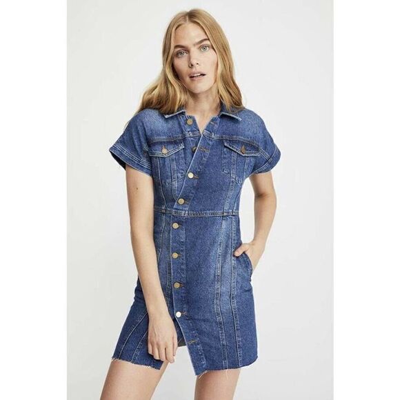 FREE PEOPLE XS DENIM CITY ASYMMETRICAL BUTTON RAW HEM MINI SHIRT DRESS BLUE - Picture 9 of 11